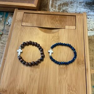 Beaded Cross Stretch Bracelets - Wood & Iridescent